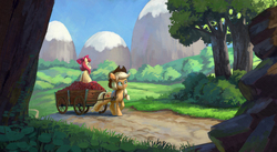 Size: 1920x1051 | Tagged: safe, artist:jotun22, apple bloom, applejack, earth pony, pony, apple, aside glance, cart, duo, duo female, female, filly, food, forest, mare, mountain, mountain range, path, rock, scenery, tree