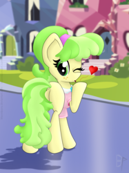 Size: 1936x2592 | Tagged: safe, artist:blazedpony, chickadee, ms. peachbottom, pony, g4, blowing a kiss, butt, chickenbutt, heart, looking at you, looking back, looking back at you, one eye closed, wink