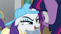 Size: 1280x720 | Tagged: safe, screencap, rarity, twilight sparkle, alicorn, pony, friendship university, g4, backwards ballcap, baseball cap, cap, hat, plainity, twilight sparkle (alicorn)