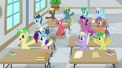 Size: 1280x720 | Tagged: safe, screencap, compass star, desert wind, frying pan (g4), high roller, linky, polo play, rarity, saturn (g4), shoeshine, silver waves, spring melody, sprinkle medley, sweet buzz, wintergreen, earth pony, pegasus, pony, unicorn, friendship university, g4, background pony, classroom, female, las pegasus resident, male, mare, plainity, raised hoof, sitting, spread wings, stallion, wings