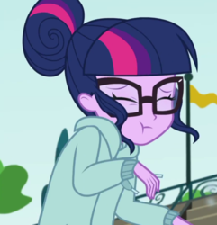 Size: 691x718 | Tagged: safe, screencap, sci-twi, twilight sparkle, equestria girls, g4, my little pony equestria girls: better together, stressed in show, stressed in show: rainbow dash, cropped, eyes closed, female, glasses, solo, sweatshirt