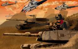 Size: 1280x808 | Tagged: safe, oc, oc:crimson flame, pegasus, pony, ah-1 cobra, attack helicopter, badass, browning m2, goggles, helicopter, m1 abrams, male, military, red and black oc, red eyes, smoke, stallion, tank (vehicle)