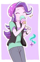 Size: 558x859 | Tagged: safe, artist:natagara, starlight glimmer, equestria girls, g4, mirror magic, spoiler:eqg specials, beanie, clothes, cute, eyes closed, female, food, glimmerbetes, hat, ice cream, jeans, music notes, pants, shirt, solo, that human sure does love ice cream, that pony sure does love ice cream
