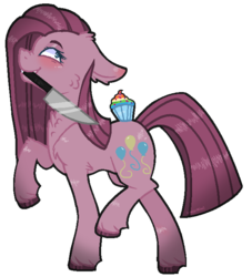 Size: 623x686 | Tagged: safe, artist:inkyy-kiwi, pinkie pie, earth pony, pony, fanfic:cupcakes, g4, cupcake, female, food, implied murder, implied rainbow dash, knife, mare, mouth hold, ms paint, pinkamena diane pie, rainbow cupcake, simple background, solo, transparent background