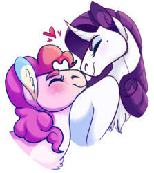 Size: 696x780 | Tagged: safe, artist:horsepowerred, pinkie pie, rarity, pony, unicorn, g4, blushing, colored ears, curved horn, ear fluff, eyes closed, female, heart, horn, lesbian, mare, nuzzling, ship:raripie, shipping, simple background, smiling, white background