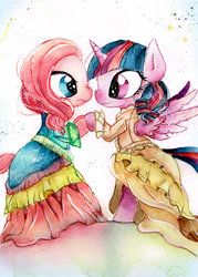 Size: 1600x2237 | Tagged: safe, artist:mashiromiku, pinkie pie, twilight sparkle, alicorn, pony, g4, clothes, commission, dancing, dress, female, lesbian, ship:twinkie, shipping, traditional art, twilight sparkle (alicorn), victorian, watercolor painting
