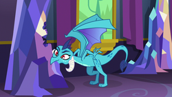 Size: 1280x720 | Tagged: safe, screencap, princess ember, dragon, g4, triple threat, biting, claws, cute, dragoness, dragons doing dragon things, eating, emberbetes, female, horns, nom, sin of gluttony, smiling, solo, spread wings, too cute, twilight's castle, wings