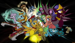 Size: 2409x1378 | Tagged: safe, artist:glados64201, flash magnus, meadowbrook, mistmane, rockhoof, somnambula, star swirl the bearded, stygian, the sphinx, earth pony, pegasus, pony, sphinx, unicorn, g4, black background, blade, blades, cute, female, funny, male, mare, meadowcute, mouth hold, nervous, pillars of equestria, shield, simple background, smiling, staff, stallion, totem