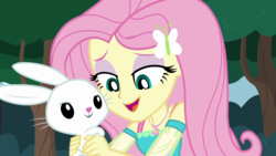 Size: 1280x720 | Tagged: safe, screencap, angel bunny, fluttershy, rabbit, equestria girls, g4, my little pony equestria girls: better together, stressed in show, stressed in show: fluttershy, angelbetes, animal, clothes, cute, female, geode of fauna, magical geodes, male, shyabetes
