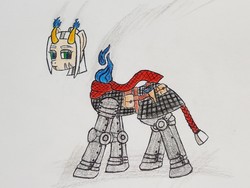Size: 1451x1089 | Tagged: safe, artist:dice warwick, artist:dice-warwick, oc, oc only, oc:cold iron, oc:vibraphone echo, bicorn, dullahan, hybrid, undead, fallout equestria, fallout equestria: dance of the orthrus, blue fire, disembodied head, fanfic art, floating head, gambeson, gun, handgun, horn, mirage pony, modular, multiple horns, plate armor, red scarf, revolver, scar, solo, tail wrap, traditional art