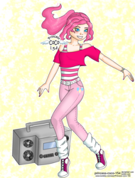 Size: 1936x2552 | Tagged: safe, artist:princess-coco-154, pinkie pie, human, g4, 80s, abstract background, clothes, dancing, female, humanized, radio, solo