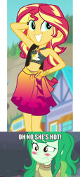 Size: 600x1314 | Tagged: safe, edit, edited screencap, screencap, sunset shimmer, wallflower blush, equestria girls, equestria girls specials, g4, my little pony equestria girls: better together, my little pony equestria girls: forgotten friendship, belly button, blushing, clothes, comparison, image macro, implied lesbian, implied wallset, meme, oh no he's hot, sarong, spongebob squarepants, squilliam returns, sunset selfie, swimsuit