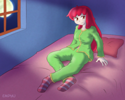 Size: 1000x800 | Tagged: safe, artist:empyu, apple bloom, human, g4, bed, bedroom, clothes, crossed legs, female, full moon, humanized, moon, night, pajamas, pants, pillow, requested art, socks, solo, striped socks, window