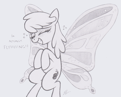 Size: 1298x1043 | Tagged: safe, artist:lockerobster, cherry berry, earth pony, pony, g4, blush lines, blushing, butterfly wings, crying, cute, dialogue, drawthread, eyes closed, female, flying, gossamer wings, grin, happy, monochrome, ponerpics import, smiling, solo, tears of joy, teary eyes, wings