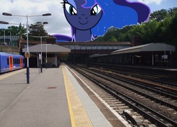 Size: 1565x1118 | Tagged: safe, artist:hereward, princess luna, pony, g4, giant ponies in real life, giant pony, macro, photoshop, railway station, smiling, smirk, weybridge