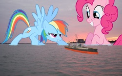 Size: 1503x931 | Tagged: safe, artist:hereward, pinkie pie, rainbow dash, g4, blackwater, confrontation, estuary, giant ponies in real life, invincible, macro, navy, thunderchild