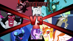 Size: 750x421 | Tagged: safe, screencap, chancellor neighsay, daybreaker, discord, king sombra, lord tirek, nightmare moon, queen chrysalis, starlight glimmer, changeling, changeling queen, friendship university, g4, my little pony: friendship is magic, 1000 years in photoshop, alternate timeline, antagonist, death battle, evil, exploitable meme, female, meme, villain fight