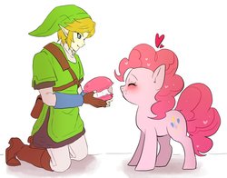 Size: 1094x856 | Tagged: safe, artist:hosikawa, pinkie pie, earth pony, pony, g4, crossover, cute, diapinkes, duo, eating, female, heart, link, mare, simple background, the legend of zelda, white background