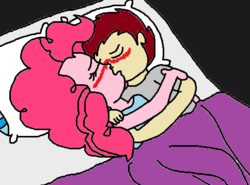 Size: 484x358 | Tagged: safe, artist:logan jones, pinkie pie, oc, oc:logan berry, equestria girls, g4, bed, blanket, blushing, clothes, female, hug, kissing, loganpie, making out, male, ms paint, pajamas, pillow, straight