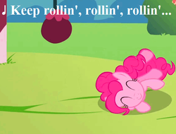 Size: 567x432 | Tagged: safe, edit, edited screencap, editor:korora, screencap, pinkie pie, feeling pinkie keen, g4, cropped, cute, diapinkes, horses doing horse things, lyrics, pinkie being pinkie, playground, rawhide (song), rollin, rolling, song reference, text