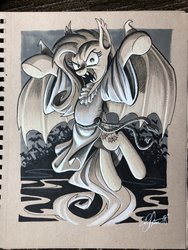 Size: 1536x2048 | Tagged: safe, artist:andy price, fluttershy, bat pony, pony, g4, female, flutterbat, grayscale, mare, monochrome, race swap, solo, traditional art