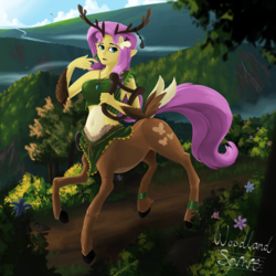 Size: 2048x2048 | Tagged: safe, artist:qzygugu, fluttershy, centaur, deer, g4, belly button, centaurshy, clothes, female, flutterdeer, forest, harp, high res, jewelry, midriff, musical instrument, necklace, pointed ears, scenery, solo