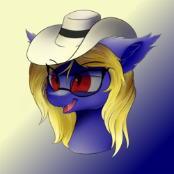Size: 1250x1250 | Tagged: safe, artist:lunar froxy, oc, oc only, oc:butter cream, bat pony, pony, bat pony oc, bust, commission, eye clipping through hair, female, gradient background, hat, mare, portrait, smiling, solo, sunglasses