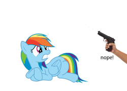 Size: 926x664 | Tagged: safe, edit, rainbow dash, human, pegasus, pony, g4, downvote bait, female, gun, hand, mare, offscreen character, op is in a superposition of duck and not duck, simple background, text, troll to op, weapon, white background