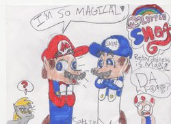 Size: 1024x744 | Tagged: safe, artist:ultimatestudios, derpy hooves, toad, g4, male, mario, smg4, traditional art