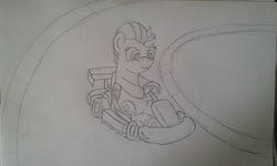 Size: 2560x1536 | Tagged: safe, artist:peternators, lightning dust, pony, g4, female, go kart, monochrome, sketch, smiling, solo, traditional art, ych result