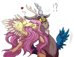 Size: 3080x2369 | Tagged: safe, artist:marbola, discord, fluttershy, draconequus, pegasus, pony, g4, blushing, chest fluff, cute, discute, exclamation point, female, high res, hug, interrobang, male, mare, question mark, ship:discoshy, shipping, shyabetes, straight