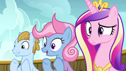 Size: 1280x720 | Tagged: safe, screencap, opulence, princess cadance, sun cloche, alicorn, pony, g4, once upon a zeppelin, background pony, clapping, confused, female, las pegasus resident, male, mare, raised eyebrow, stallion, wall