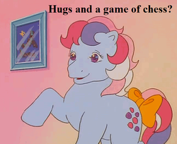 Size: 648x528 | Tagged: safe, edit, edited screencap, editor:korora, screencap, sweet stuff, earth pony, pony, twinkle eyed pony, g1, my little pony 'n friends, sweet stuff and the treasure hunt, bow, bronybait, chess, cropped, cute, female, hug request, mare, paradise estate, picture, raised hoof, sweet sweet stuff, tail bow, text