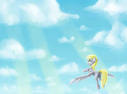 Size: 3648x2704 | Tagged: safe, artist:rysunkowasucharia, derpy hooves, pegasus, pony, g4, crepuscular rays, female, flying, high res, looking away, looking up, mare, sky, solo, spread wings, wings
