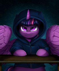 Size: 2850x3409 | Tagged: safe, artist:pridark, twilight sparkle, alicorn, pony, g4, clothes, edgy, female, high res, hoodie, looking at you, mare, serious, serious face, solo, sweater, twilight sparkle (alicorn)