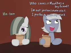 Size: 1600x1200 | Tagged: safe, artist:garammasara, limestone pie, marble pie, earth pony, pony, g4, alcohol, apple cider, cider, cute, dialogue, female, jealous, mare, mug, open mouth, sipping, table, talking