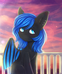 Size: 1825x2190 | Tagged: safe, artist:zefirka, oc, oc only, oc:acelina, bat pony, pony, balcony, bat pony oc, cute, ear piercing, fangs, piercing, smiling, solo, spread wings, ych result