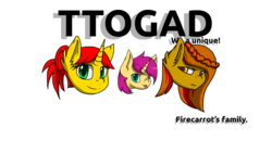 Size: 1280x720 | Tagged: safe, artist:goofnoo, artist:terminalhash, oc, oc only, oc:maidgefirecarrot, oc:miminofirecarrot, oc:rouzfirecarrot, firecarrot's family, logotype