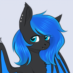 Size: 1600x1600 | Tagged: safe, artist:avrameow, oc, oc only, oc:acelina, bat pony, pony, bat pony oc, ear piercing, fangs, looking at you, piercing, sitting, smiling, solo, spread wings, ych result