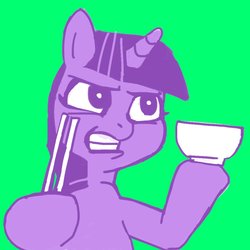 Size: 1000x1000 | Tagged: safe, artist:baigak, twilight sparkle, pony, g4, bowl, chopsticks, female, green background, simple background, sketch, solo