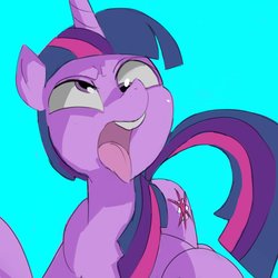 Size: 1000x1000 | Tagged: safe, artist:baigak, twilight sparkle, pony, unicorn, g4, blue background, cross-eyed, cute, derp, derplight sparkle, female, majestic as fuck, reaction image, silly, silly pony, simple background, solo, tongue out, unicorn twilight