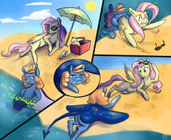 Size: 1100x900 | Tagged: dead source, safe, artist:novaray, fluttershy, oc, hybrid, manta ray, original species, pegasus, pony, g4, beach, butt, comic, drool, eyes closed, female, fetish, flutterprey, manta ray pony, mare, ocean, plot, sun, sunglasses, umbrella, vore