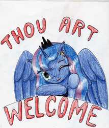 Size: 2417x2825 | Tagged: safe, artist:40kponyguy, derpibooru exclusive, princess luna, alicorn, pony, g4, ear fluff, female, floppy ears, high res, looking at you, one eye closed, reaction image, simple background, solo, spread wings, traditional art, white background, wings, ye olde english
