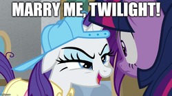 Size: 888x499 | Tagged: safe, edit, edited screencap, screencap, rarity, twilight sparkle, alicorn, pony, friendship university, g4, backwards ballcap, baseball cap, cap, female, hat, image macro, lesbian, meme, ship:rarilight, shipping, text, twilight sparkle (alicorn)