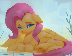Size: 1111x859 | Tagged: safe, artist:rodrigues404, fluttershy, pegasus, pony, g4, crying, female, floppy ears, frog (hoof), looking at you, mare, prone, solo, underhoof, water
