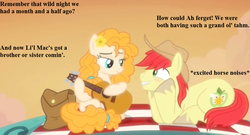 Size: 999x540 | Tagged: safe, edit, edited screencap, editor:korora, screencap, bright mac, pear butter, earth pony, pony, g4, the perfect pear, and that's how applejack was made, cowboy hat, cropped, descriptive noise, female, guitar, hat, horse noises, implied applejack, implied big macintosh, implied good clean married sex, implied pregnancy, implied sex, innuendo, male, picnic blanket, ship:brightbutter, shipping, straight, text