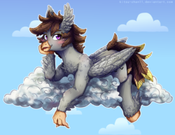 Size: 1944x1503 | Tagged: safe, artist:kitsu-chan11, oc, oc:luxor, classical hippogriff, hippogriff, blushing, cloud, hippogriffied, looking at you, lying, mane feathers, species swap, tail feathers