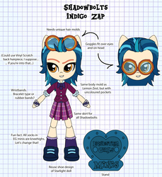 Size: 2522x2752 | Tagged: safe, artist:darkhooves, derpibooru exclusive, indigo zap, equestria girls, g4, my little pony equestria girls: friendship games, clothes, concept, crystal prep academy uniform, crystal prep shadowbolts, cute, darkhooves wastes our time, digital art, doll, equestria girls minis, female, goggles, graph paper, grin, high res, mockup, rolled up sleeves, school uniform, shoes, skirt, smiling, sneakers, solo, stand, toy, wristband, zapabetes