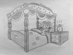 Size: 1000x750 | Tagged: safe, artist:rockingscorpion, apple bloom, earth pony, pony, g4, alarm clock, atg 2018, bed, clock, female, filly, monochrome, newbie artist training grounds, pencil drawing, sketch, solo, traditional art