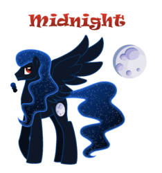 Size: 1104x1178 | Tagged: safe, artist:hazardous-andy, oc, oc only, oc:midnight, pegasus, pony, base used, ethereal mane, full moon, galaxy mane, male, moon, offspring, parent:princess luna, parent:unknown, reference sheet, simple background, solo, spread wings, stallion, starry mane, transparent background, wings
